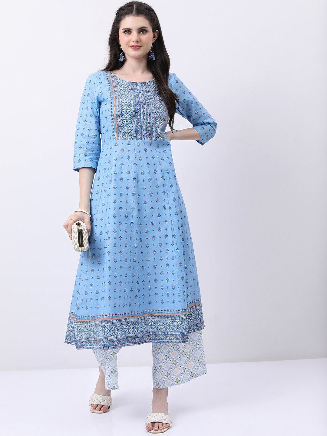 Vishudh Blue & White Floral Printed Pure Cotton Kurta With Palazzos Price in India