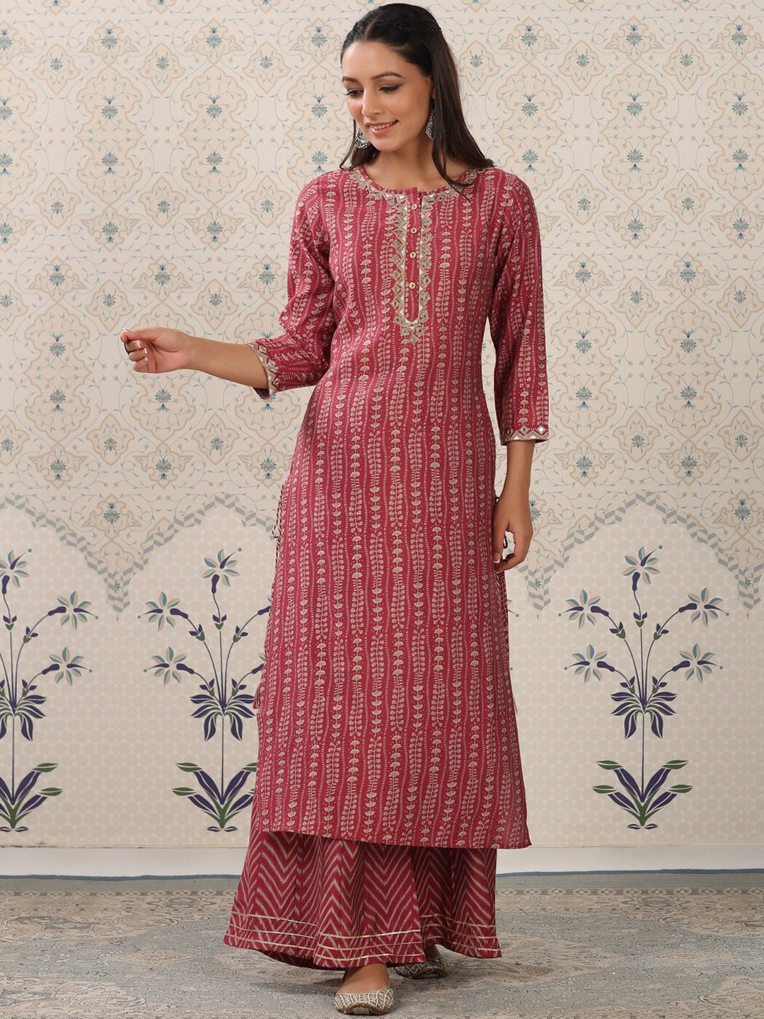 Ode by House of Pataudi Pink & Grey Ethnic Motifs Printed Kurta With Sharara Price in India