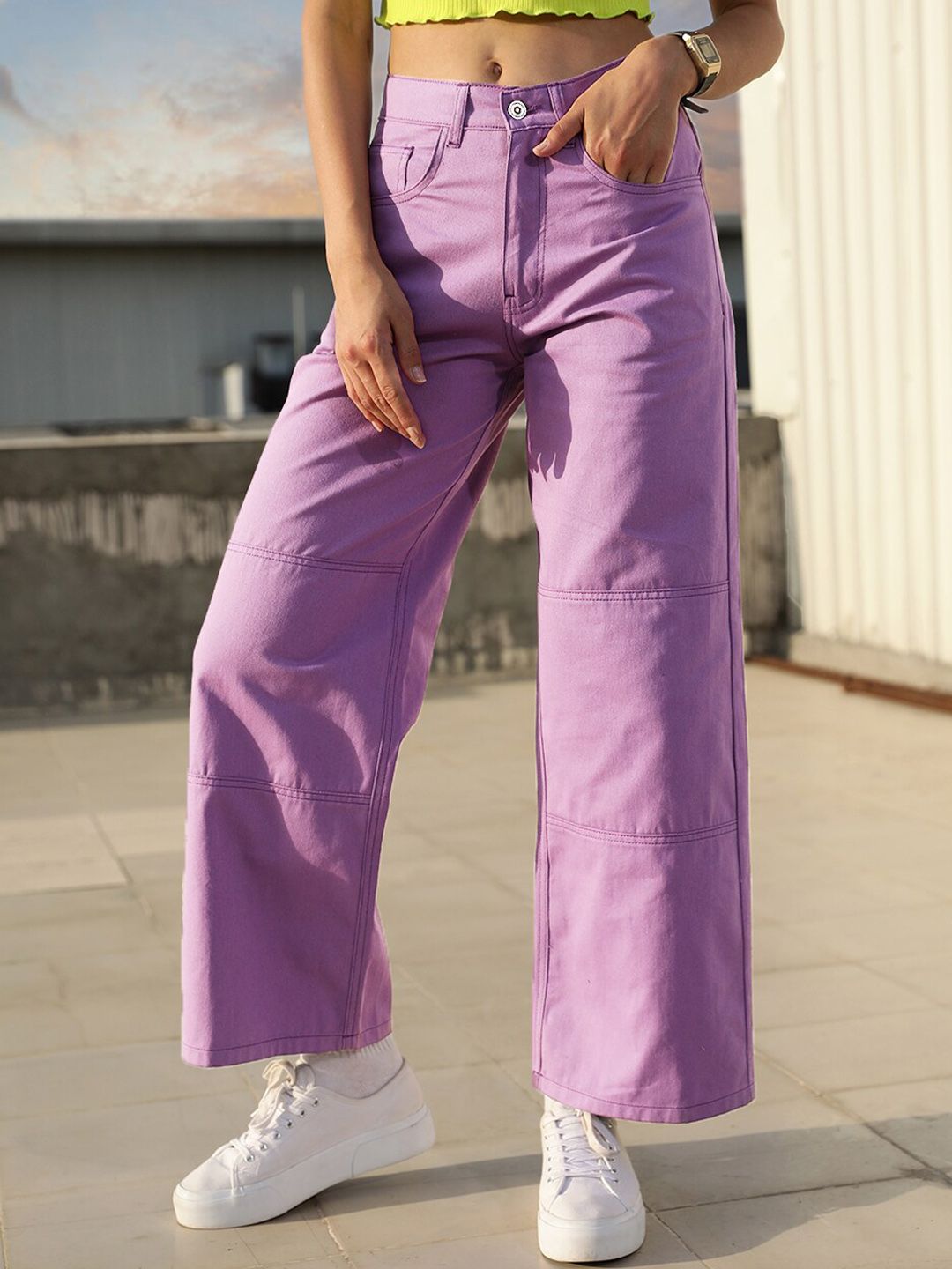STREET 9 Women Lavender Relaxed Mid-Rise Cotton Trousers Price in India