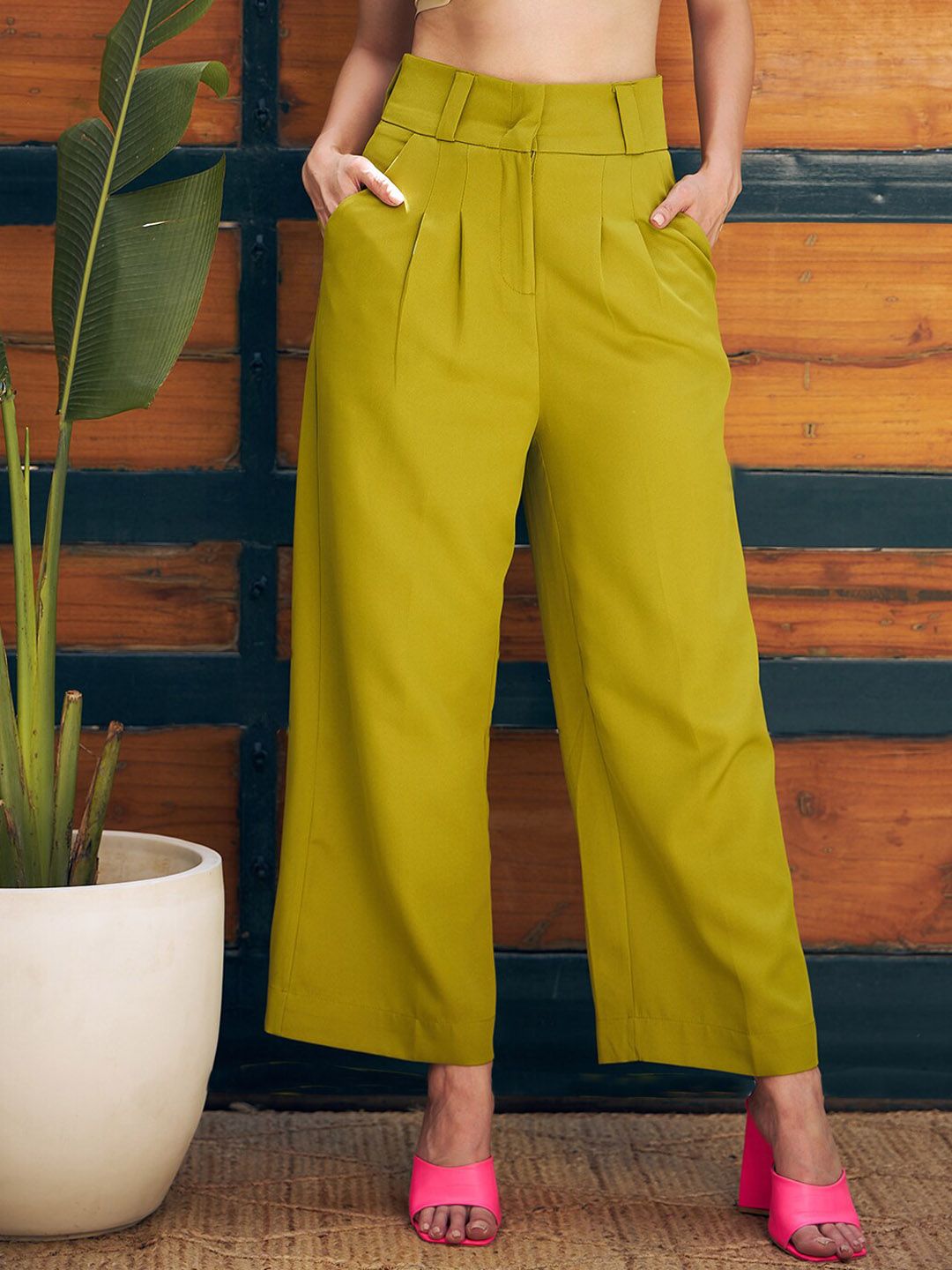 KASSUALLY Women Green Flared Pleated Parallel Trousers Price in India