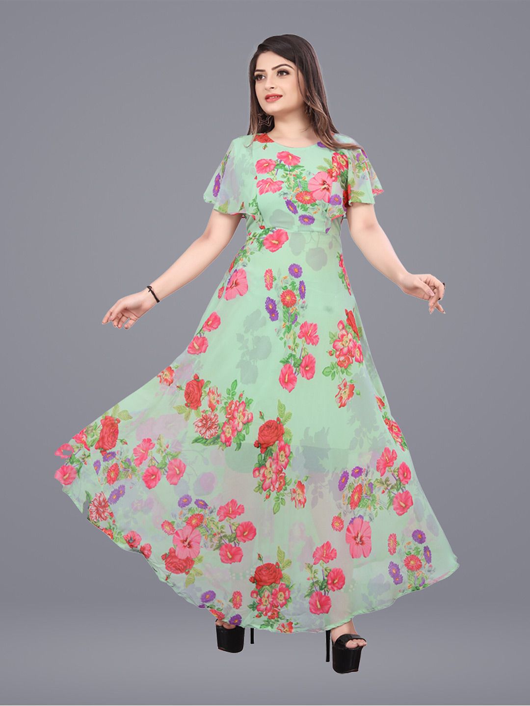 N N ENTERPRISE Sea Green & Red Floral Print Flutter Sleeve Maxi Dress Price in India