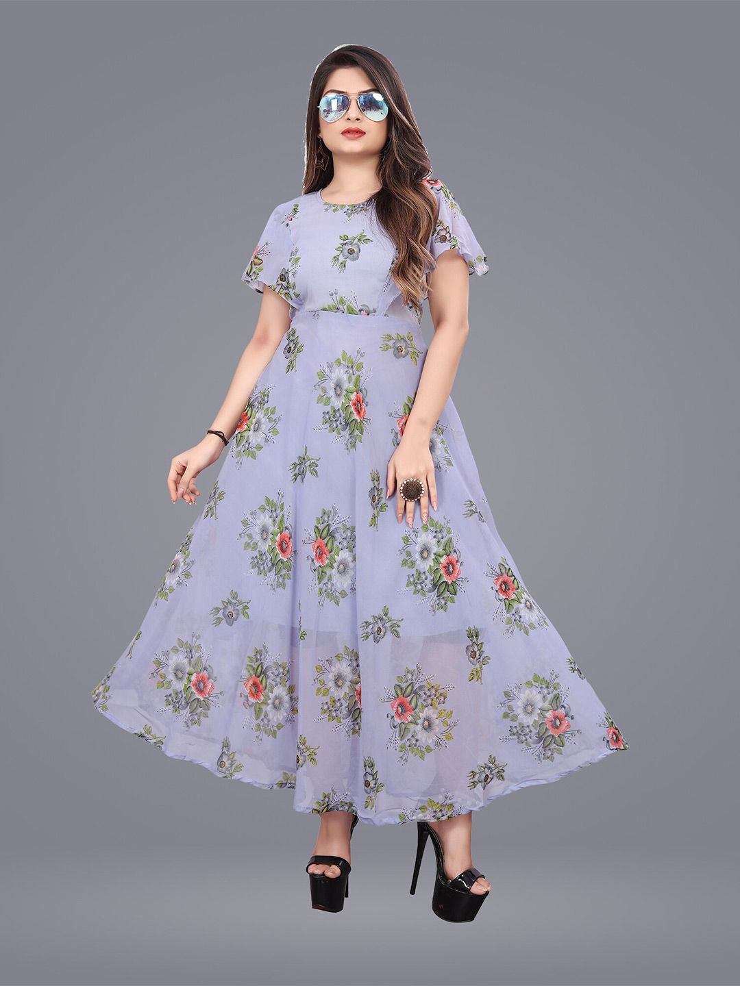 N N ENTERPRISE Floral Print Flared Sleeve Georgette Fit & Flare Maxi Dress Price in India