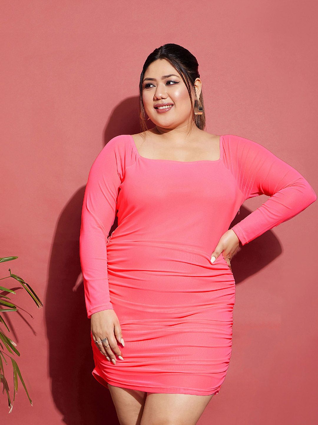 Buy SASSAFRAS Curve Plus Size Square Neck Net Bodycon Mini Dress