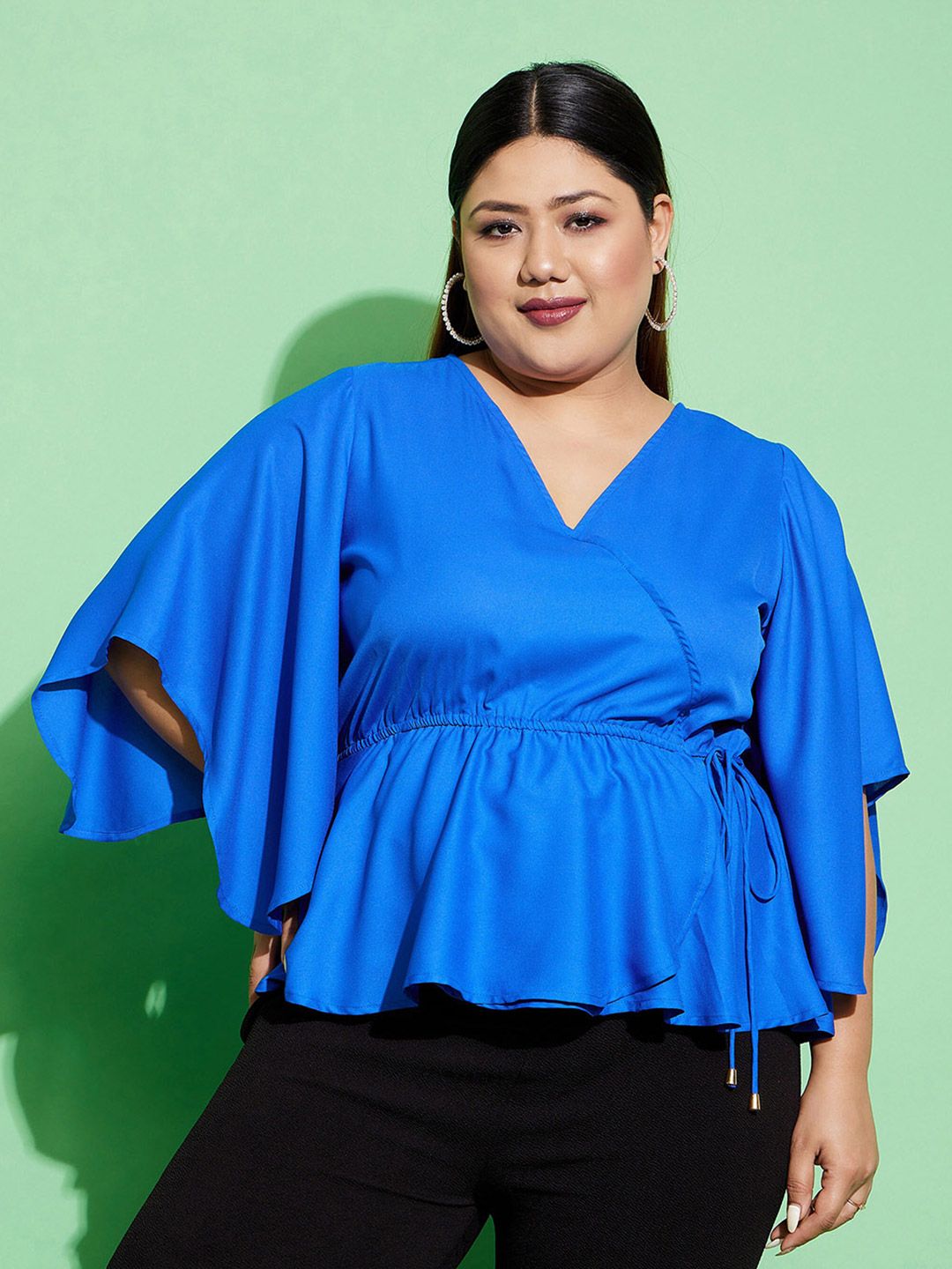 SASSAFRAS Curve Blue Kimono Sleeves Peplum Top Price in India