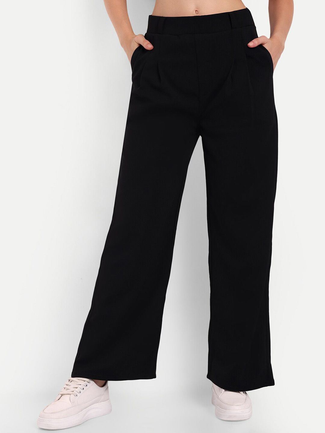 Next One Women Black Smart Loose Fit High-Rise Easy Wash Pleated Trousers Price in India