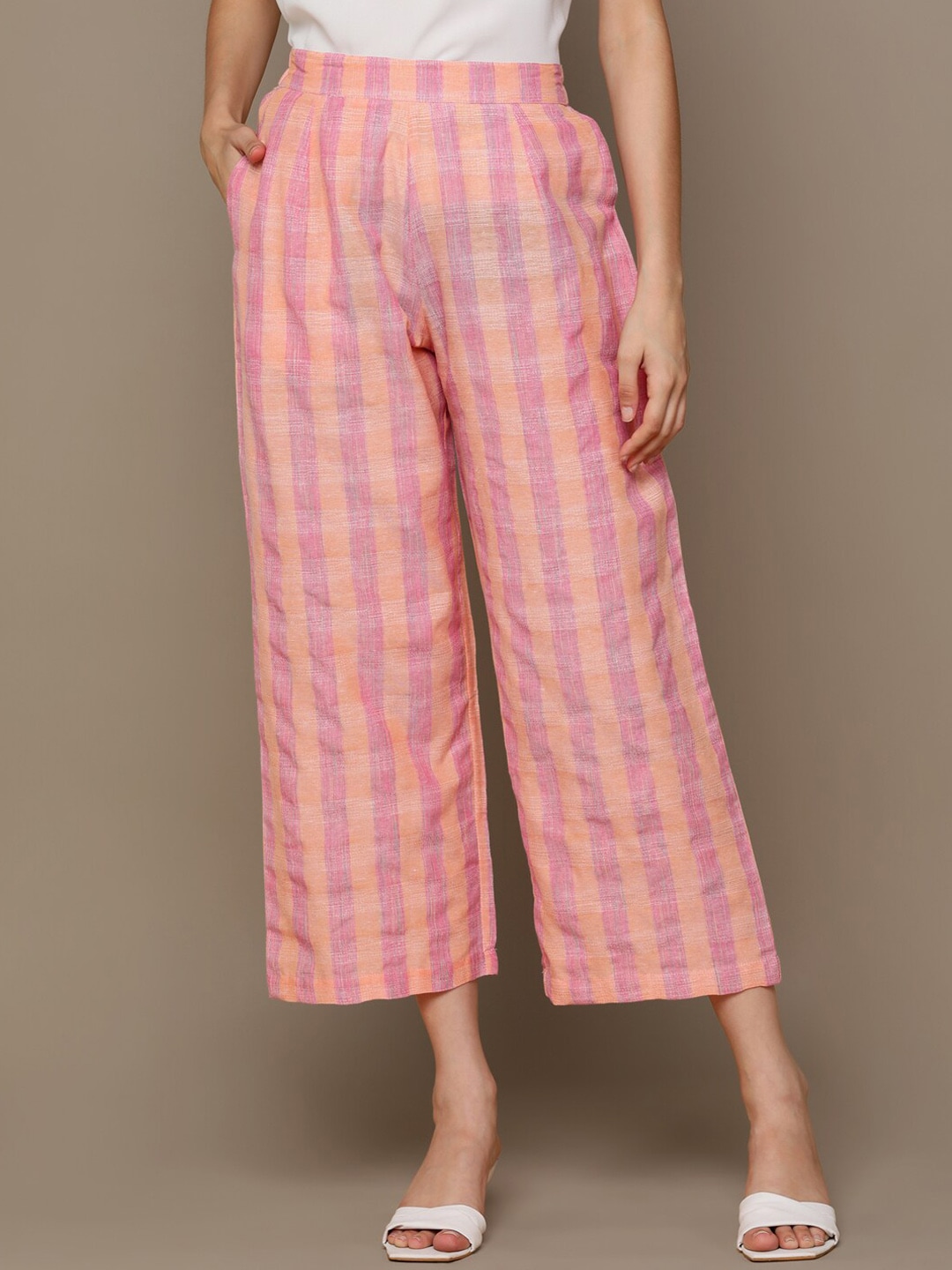 HERE&NOW Women Pink Checked Cropped Parallel Trousers Price in India