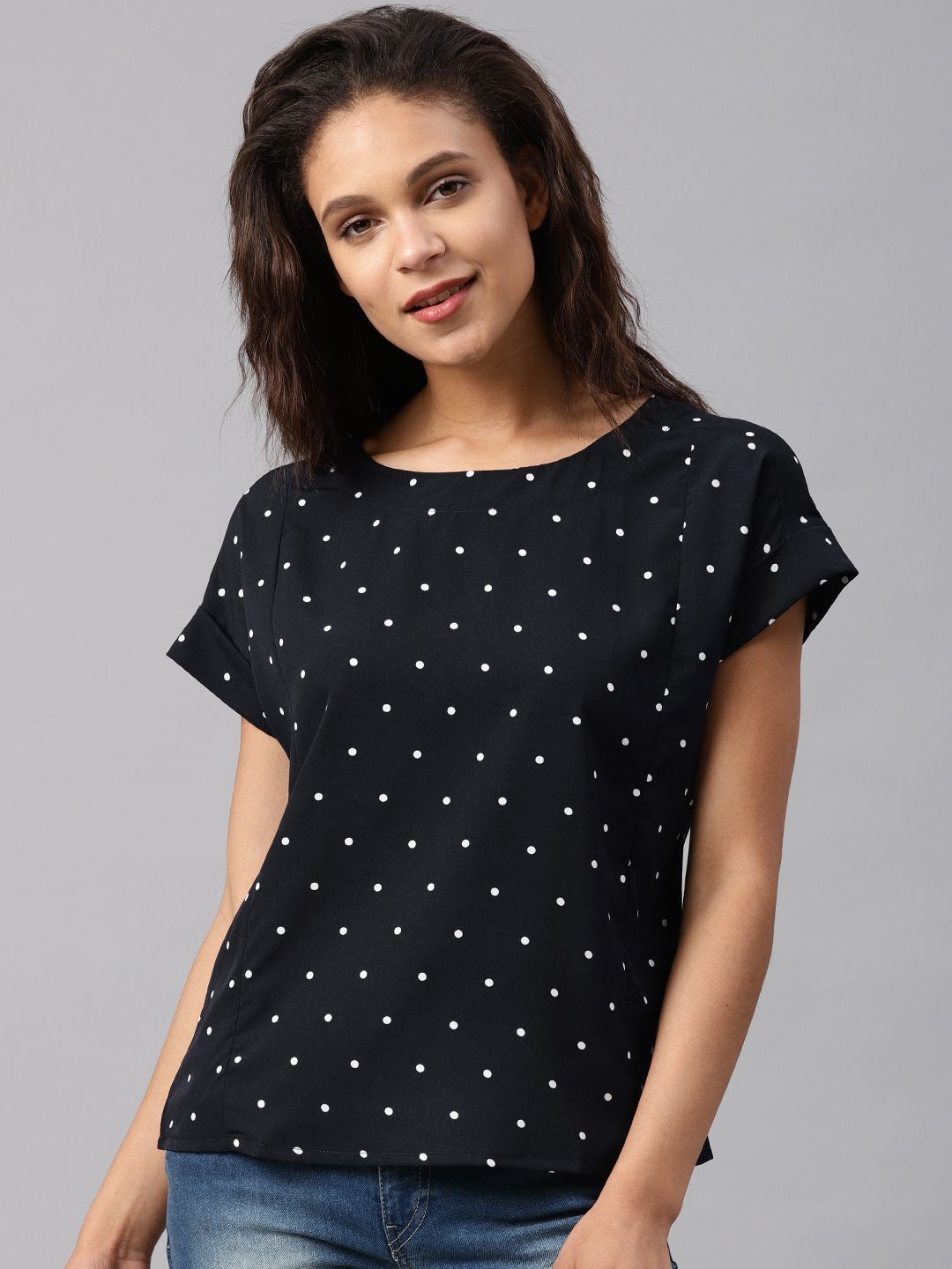 Tokyo Talkies Women Navy Polka Dot Print Top