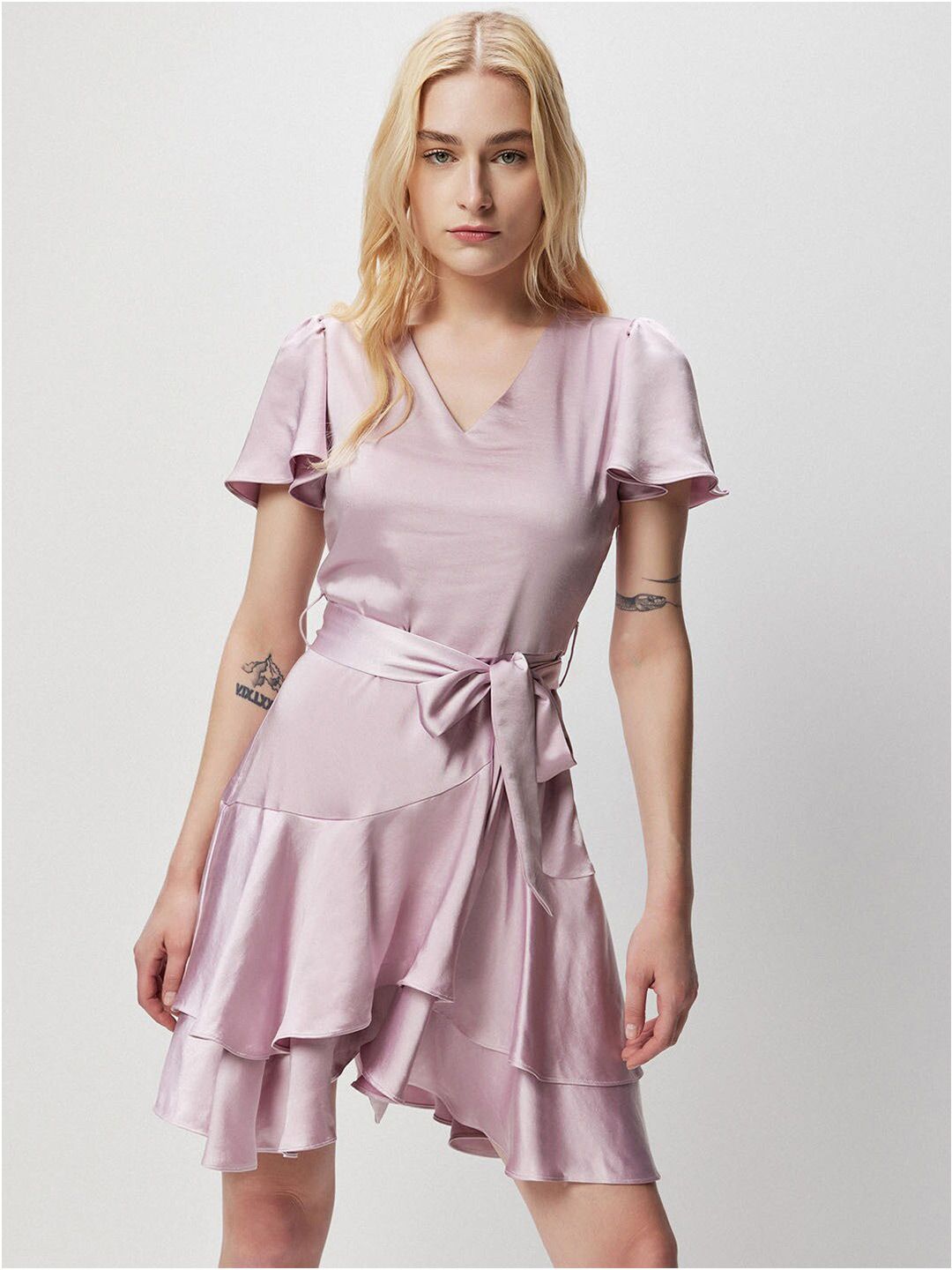 COVER STORY Lilac Flutter Sleeves Layered Fit & Flare Dress With Belt Price in India