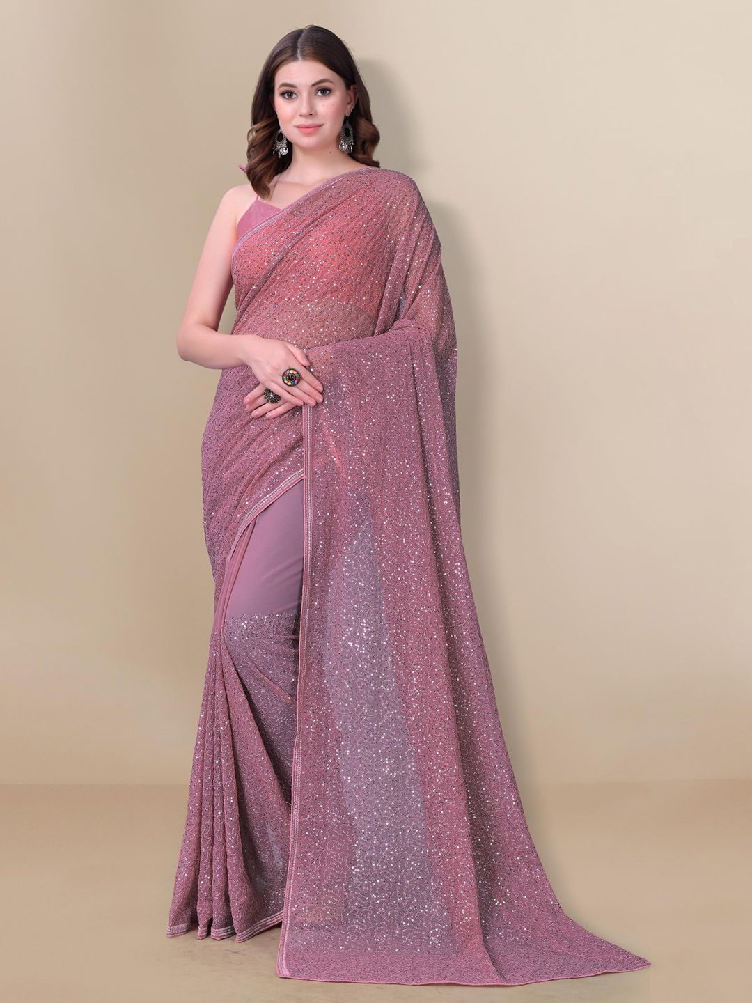 VAIRAGEE Pink Embellished Sequinned Poly Georgette Saree Price in India