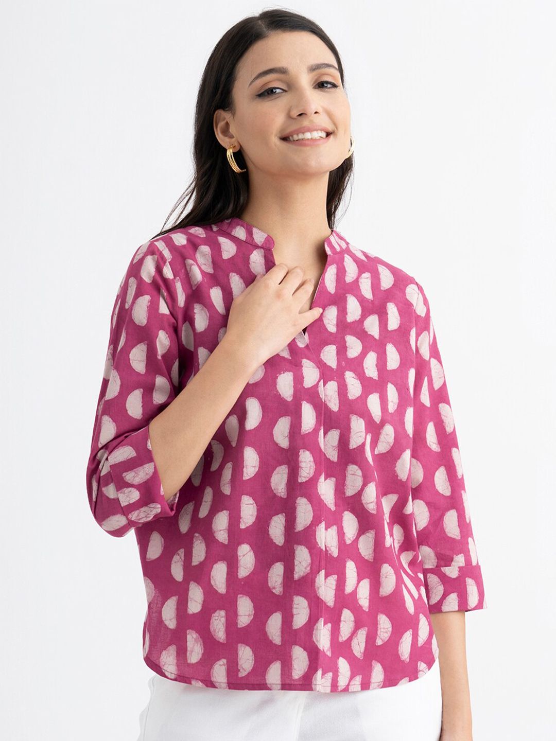 Pink Fort Geometric Printed Mandarin Collar Pure Cotton Top Price in India