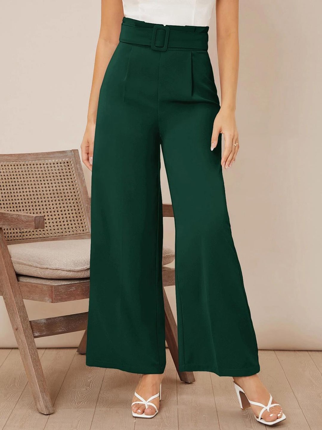 Kotty Women Relaxed Straight Leg High-Rise Easy Wash Pleated Trousers Price in India