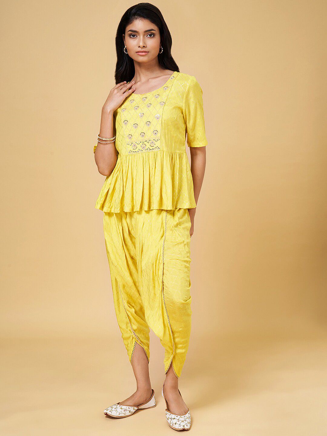 AKKRITI BY PANTALOONS Geometric Printed Pleated Sequinned Kurti With Dhoti Pants Price in India
