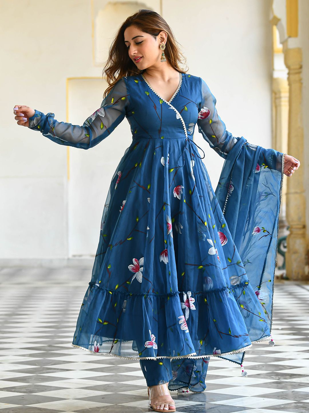 Bunaai Floral Printed Gotta Patti Angrakha Kurta with Trousers & Dupatta Price in India