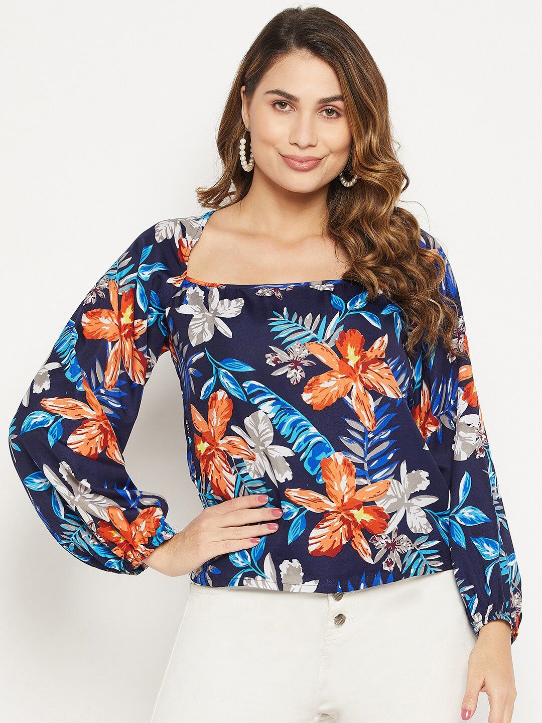 Bitterlime Floral Printed Puff Sleeve Blouson Top Price in India