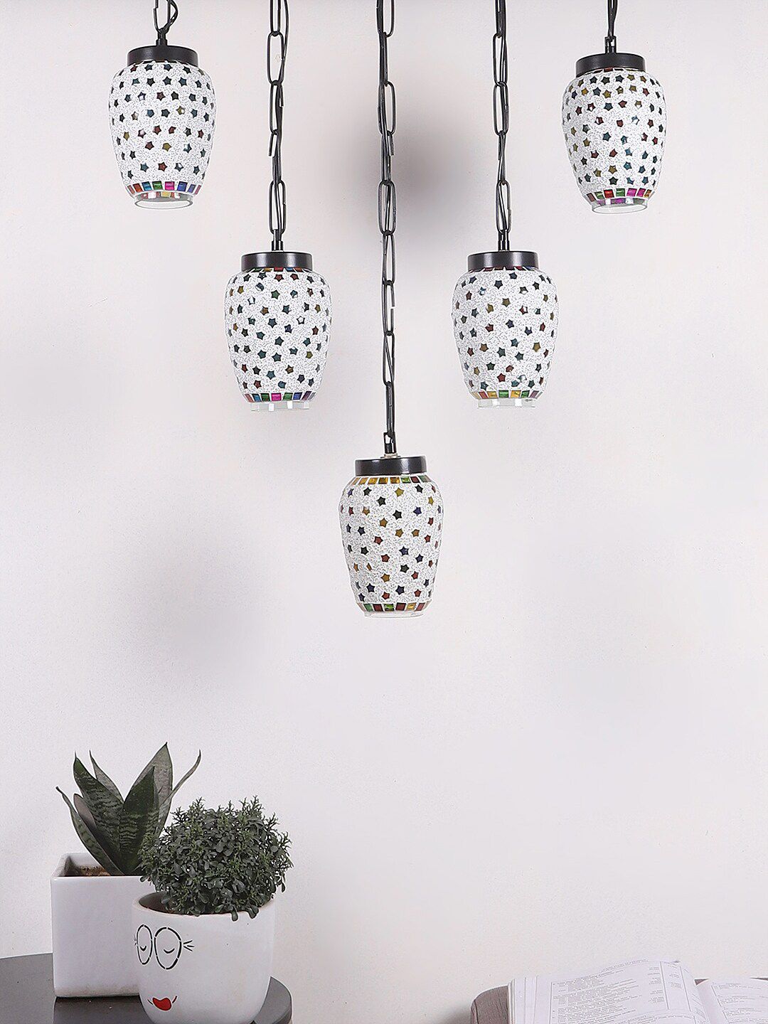 Devansh White & Blue Textured Glass Quintuple Hanging Lamp