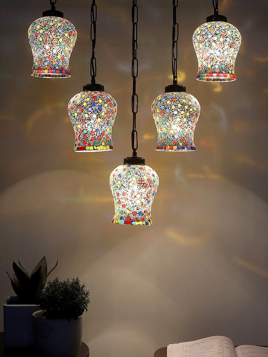 Devansh White & Blue Textured Glass Quintuple Hanging Lamp