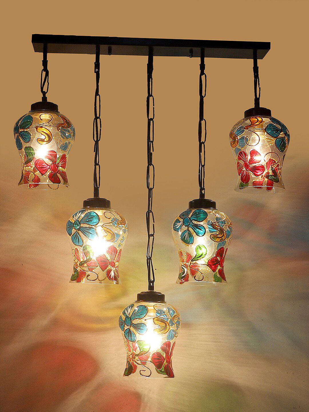 Devansh Black & Blue Mosaic Design Quintuple Glass Hanging Lamp