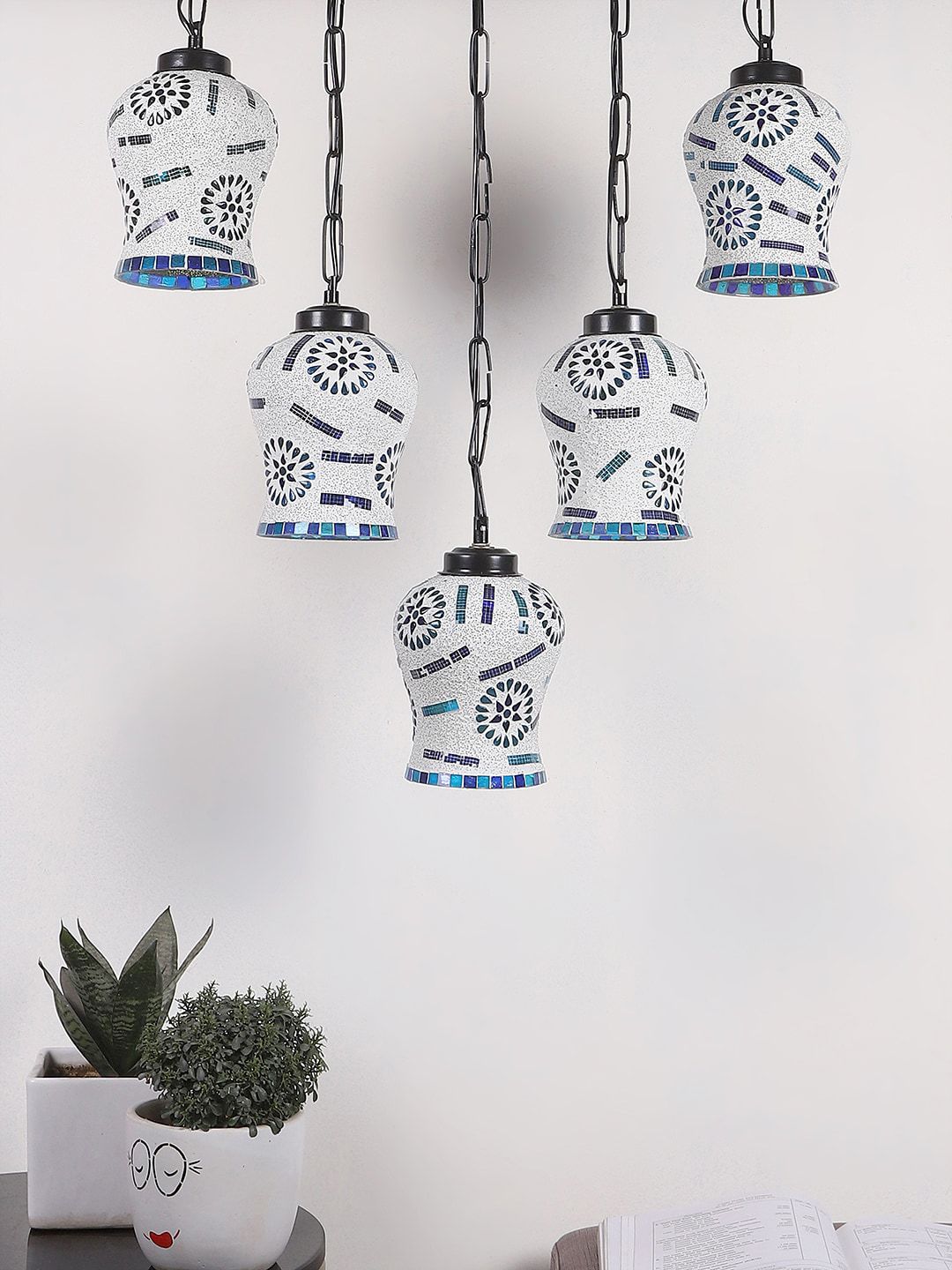 Devansh Black & White Mosaic Design Quintuple Glass Hanging Lamp