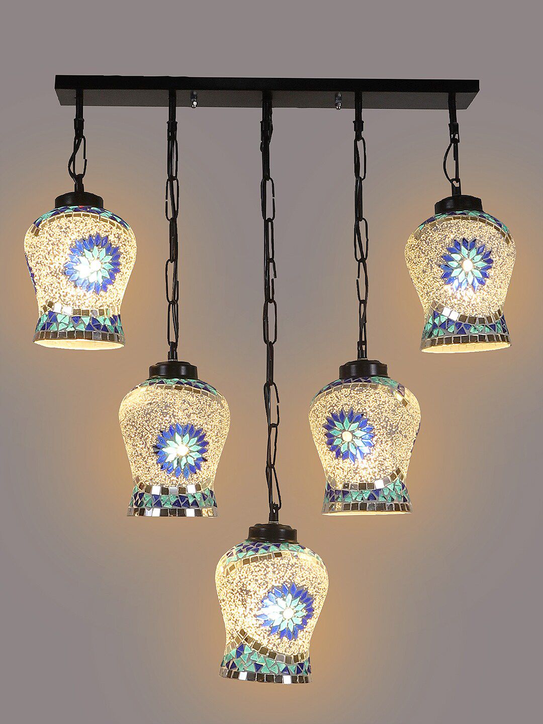 Devansh Black & White Mosaic Design Quintuple Glass Hanging Lamp