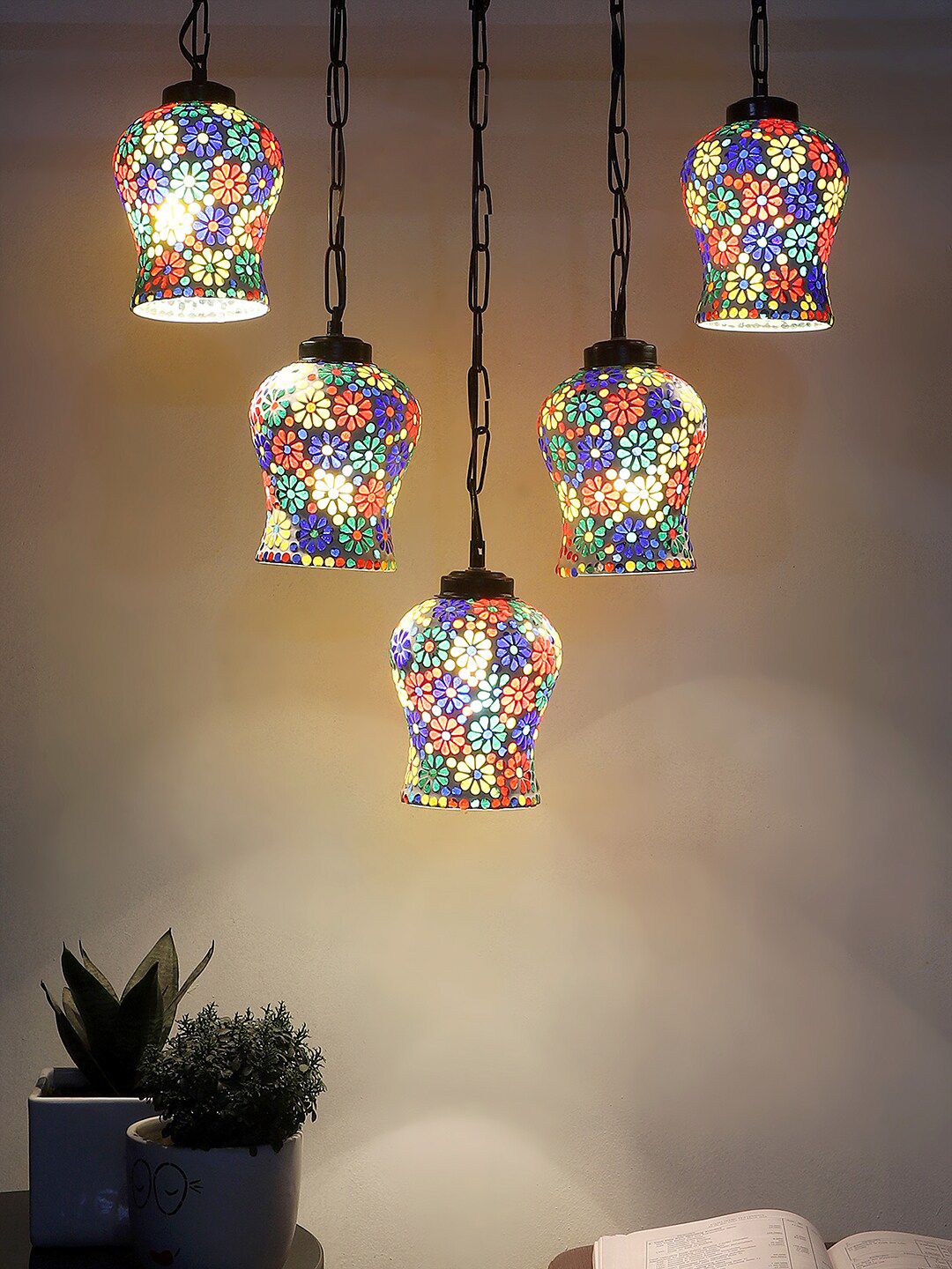 Devansh White & Blue Textured Glass Quintuple Hanging Lamp