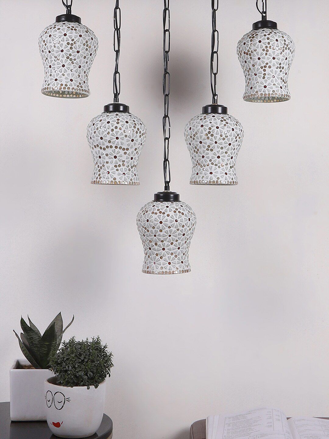 Devansh White & Red Textured Glass Quintuple Hanging Lamp