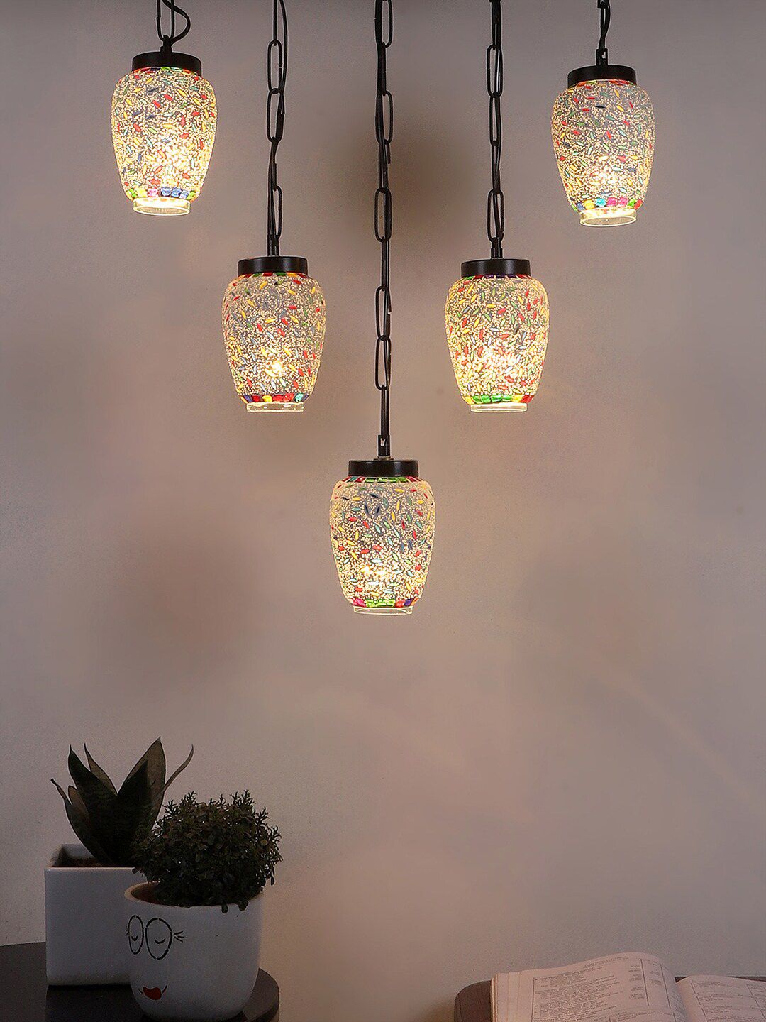 Devansh White & Red Mosaic Design Glass Ceiling Lamp