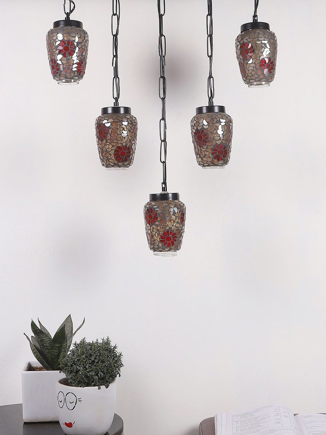 Devansh Red & Black Textured Glass Quintuple Hanging Lamp
