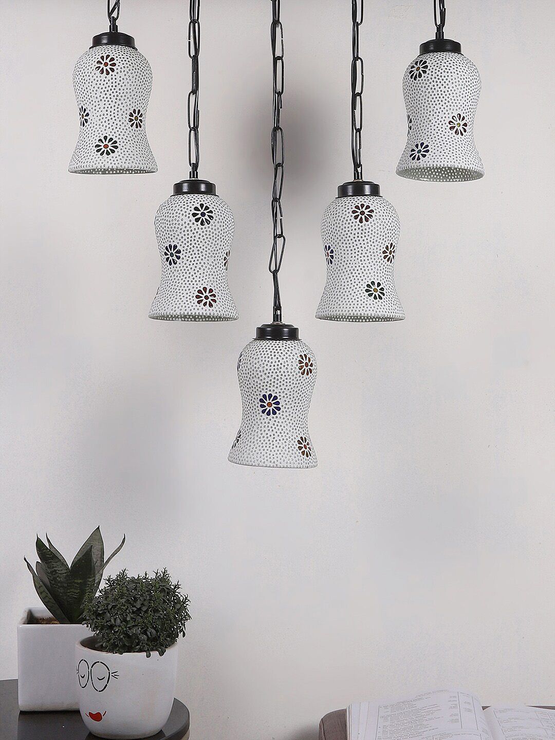 Devansh White & Blue Textured Glass Quintuple Hanging Lamp