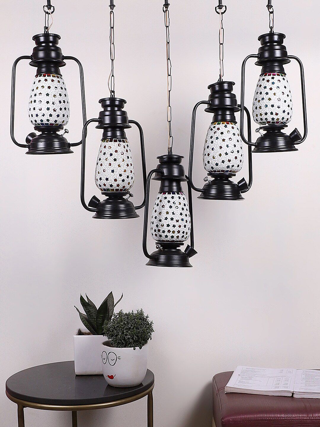 Devansh Black & White Textured Quintuple Lantern Hanging Lamp