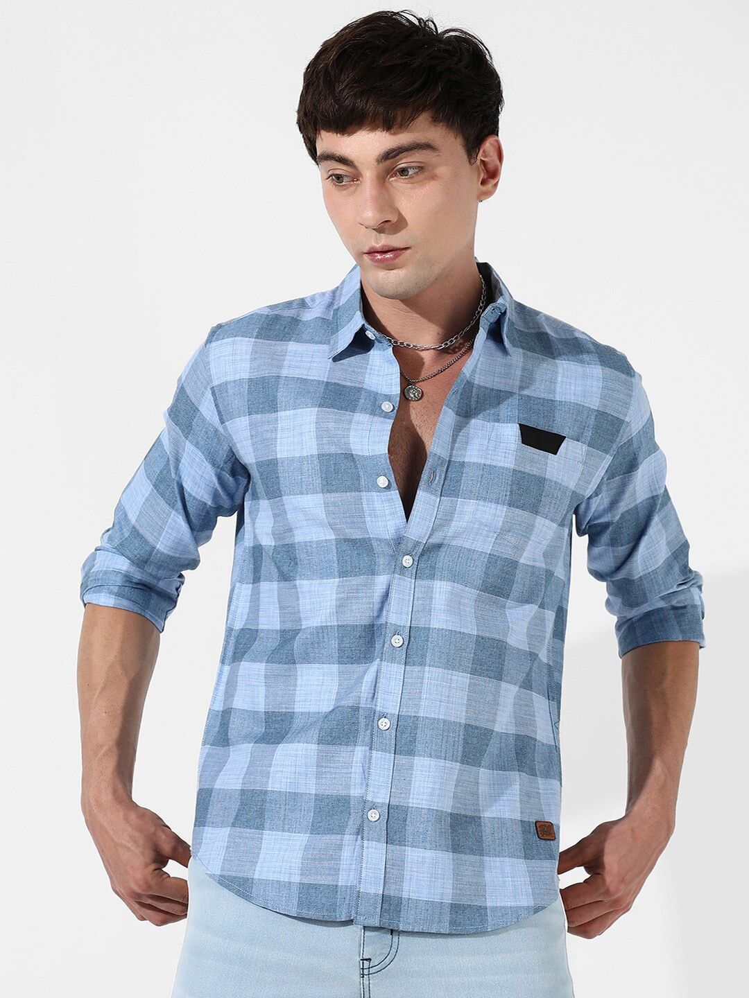 CAHOOT Blue Checked Classic Fit Cotton Casual Shirt