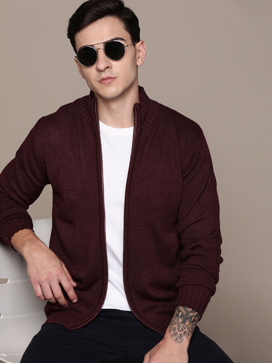 The Roadster Lifestyle Co.  Mock Collar Acrylic Cardigan