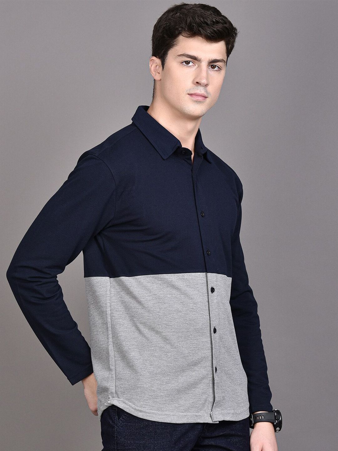 CAHOOT Navy Blue Classic Spread Collar Casual Cotton Shirt