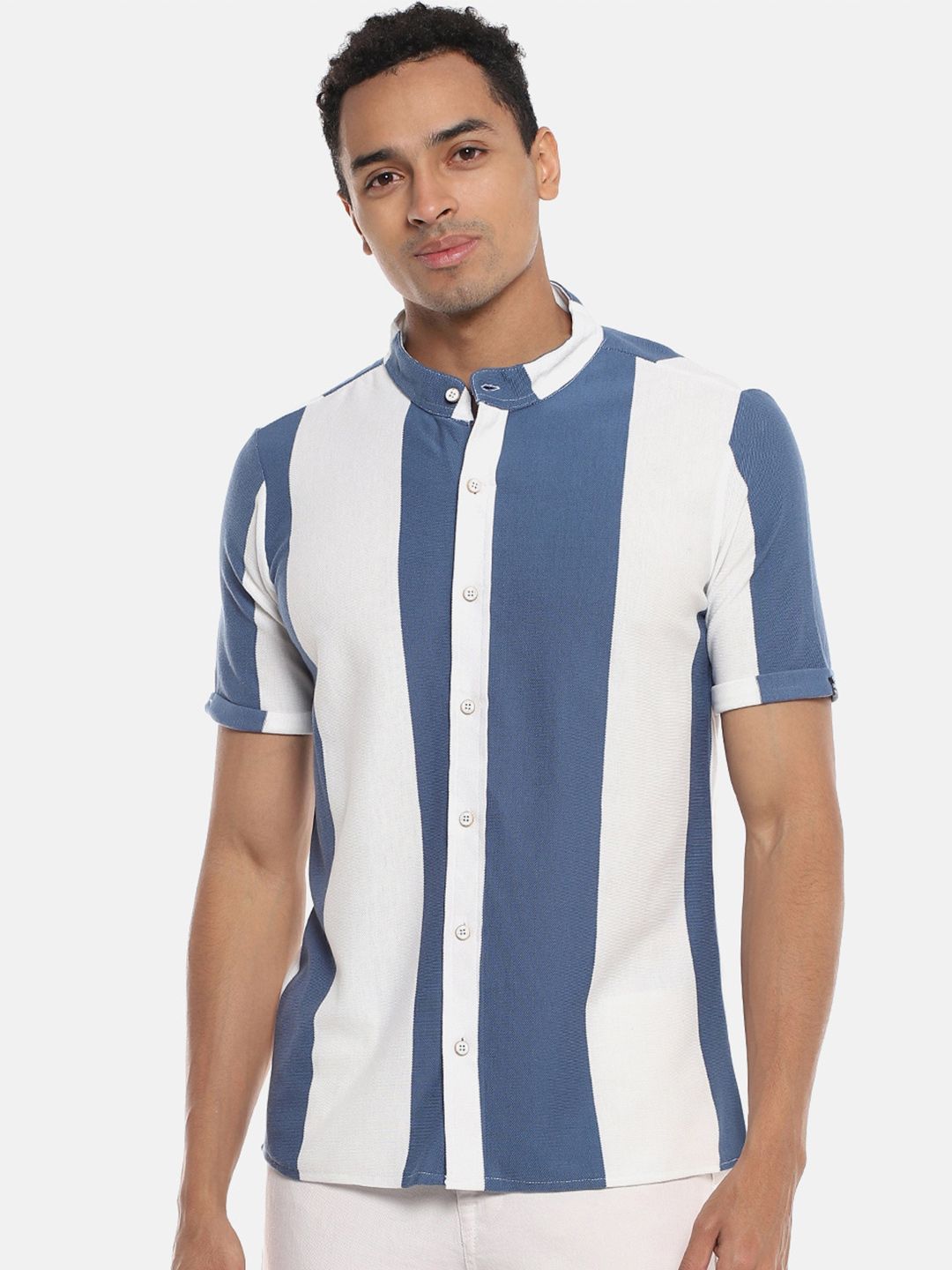 CAHOOT Blue & White Classic Regular Fit Striped Cotton Casual Shirt