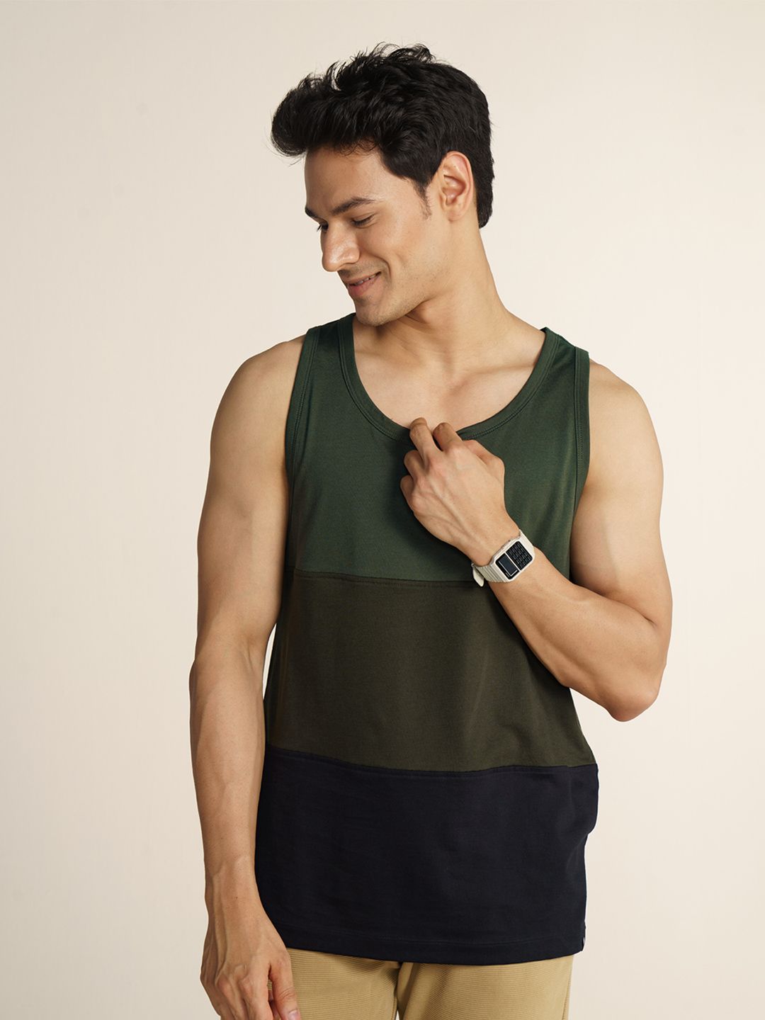 DAMENSCH Colourblocked Cotton Blend Tank T-shirt