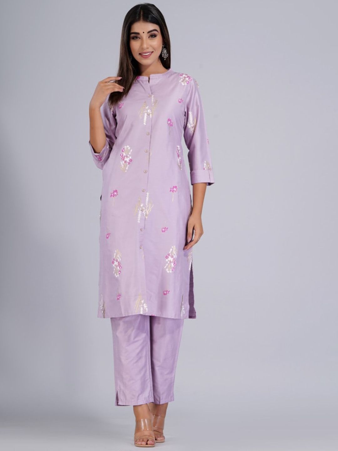 HERE&NOW Lavender Floral Printed Mandarin Collar Thread Work Kurta with Trousers Price in India