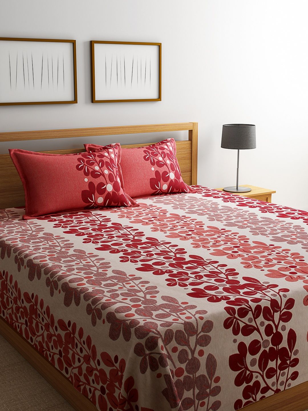 Romee Off-White & Maroon Polycotton Woven Design Double Bed Cover with 2 Pillow Covers Price in India