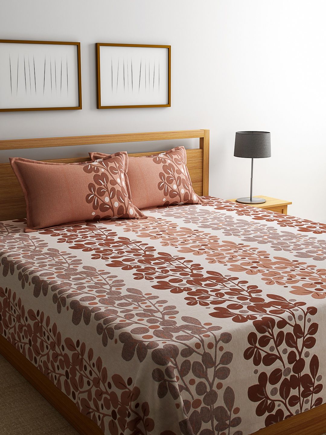 Romee Off-White & Rust Brown Polycotton Woven Design Double Bed Cover with 2 Pillow Covers Price in India