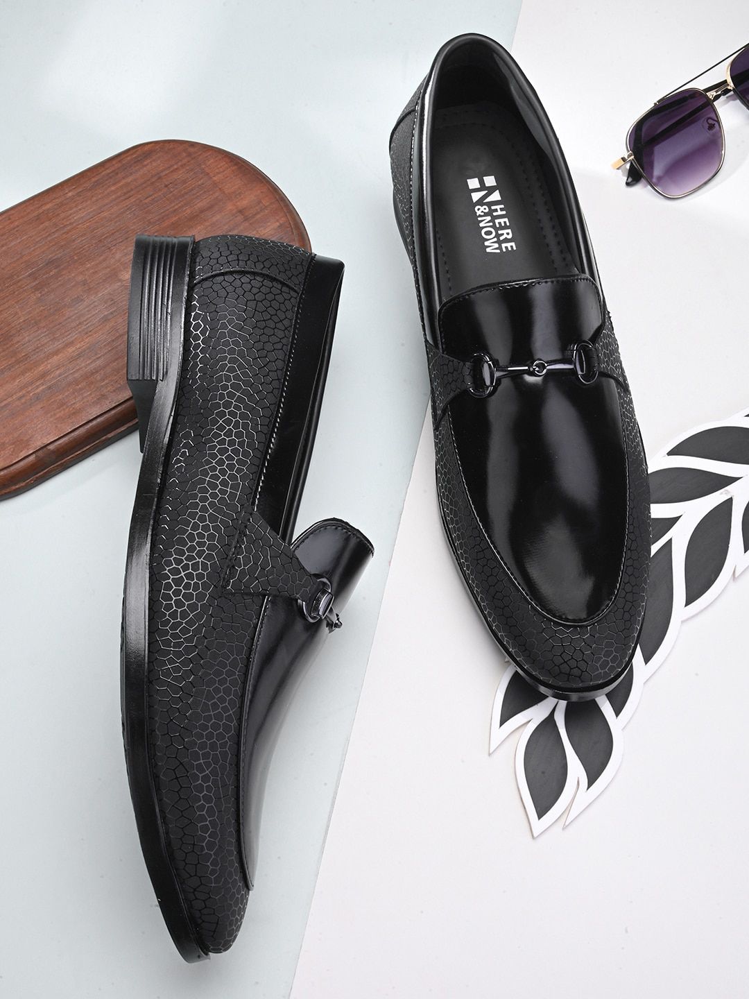 HERE&NOW Men Black Embellished Formal Horsebit Loafers