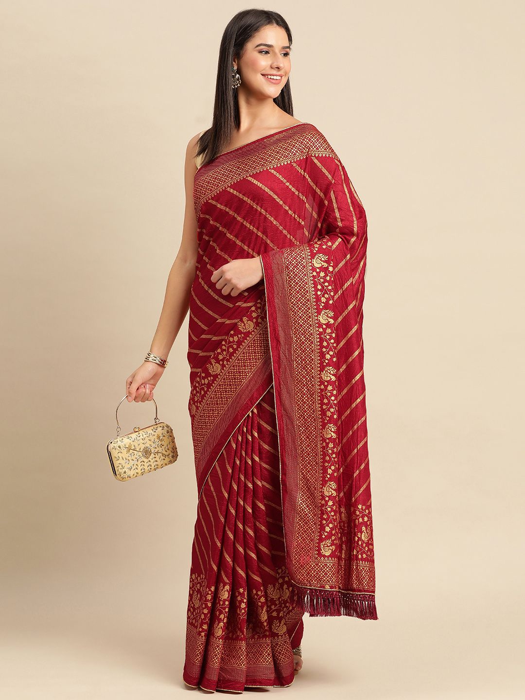 Indian Women Striped Zari Silk Blend Saree Price in India