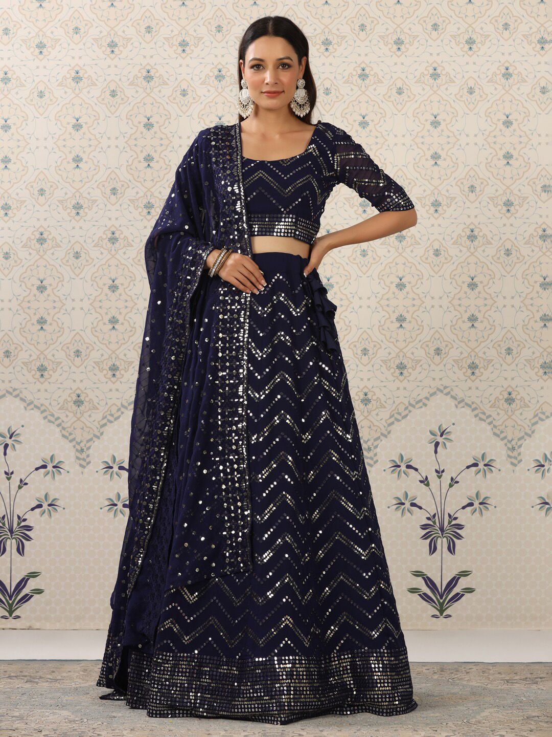 Ode by House of Pataudi Blue & Gold-Toned Embellished Sequinned Semi-Stitched Lehenga & Unstitched Blouse Price in India