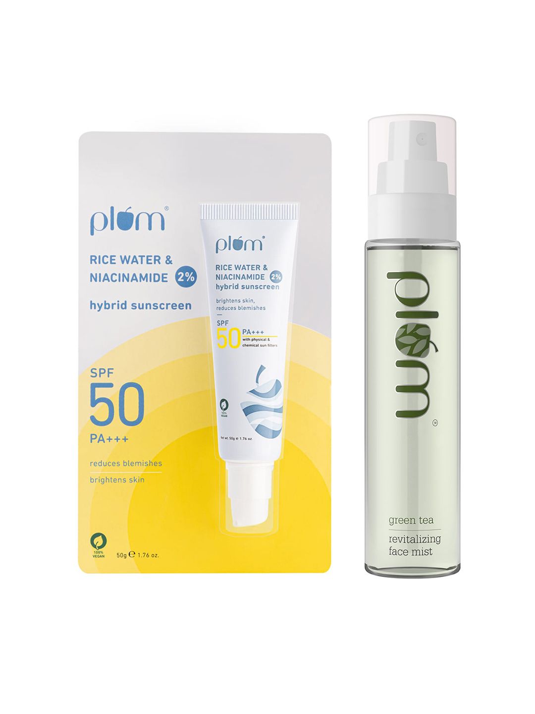 Plum Plum Set of SPF50 Hybrid Sunscreen 50g & Green Tea Face Mist 100ml
