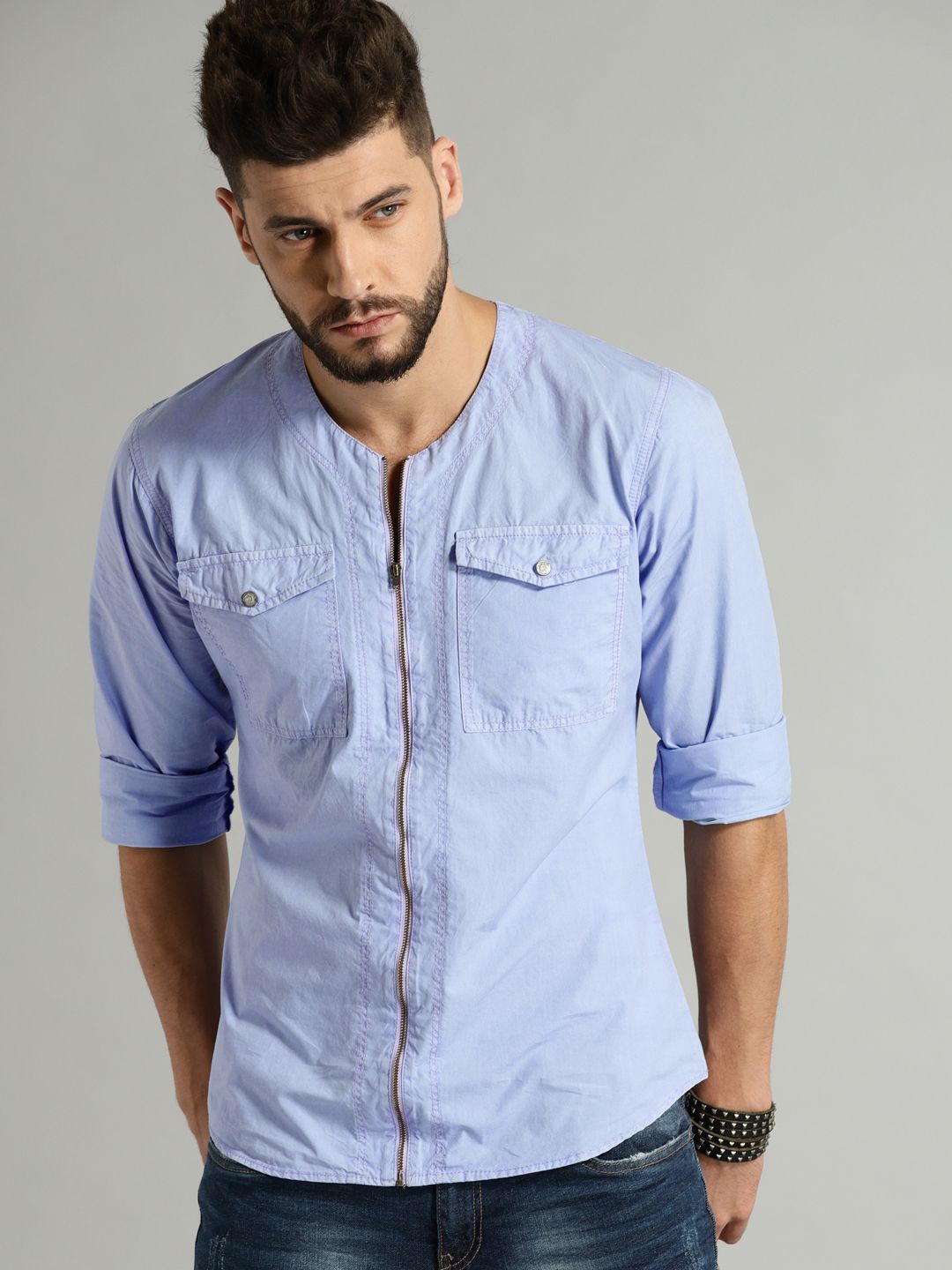 slim fit collarless dress shirt