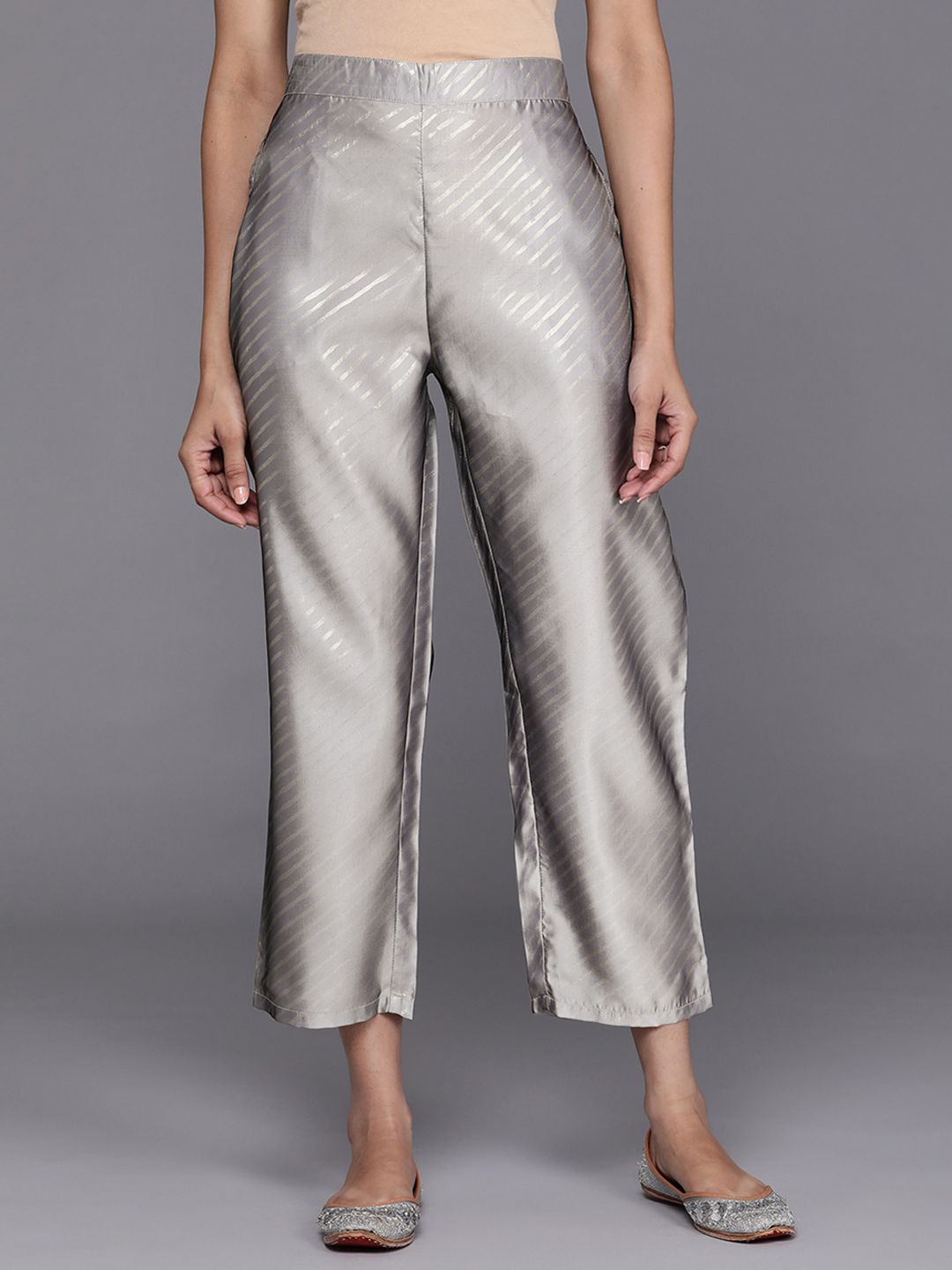 Libas Women Grey Slant Striped Foil printed Relaxed Cropped Slim Fit Trousers Price in India