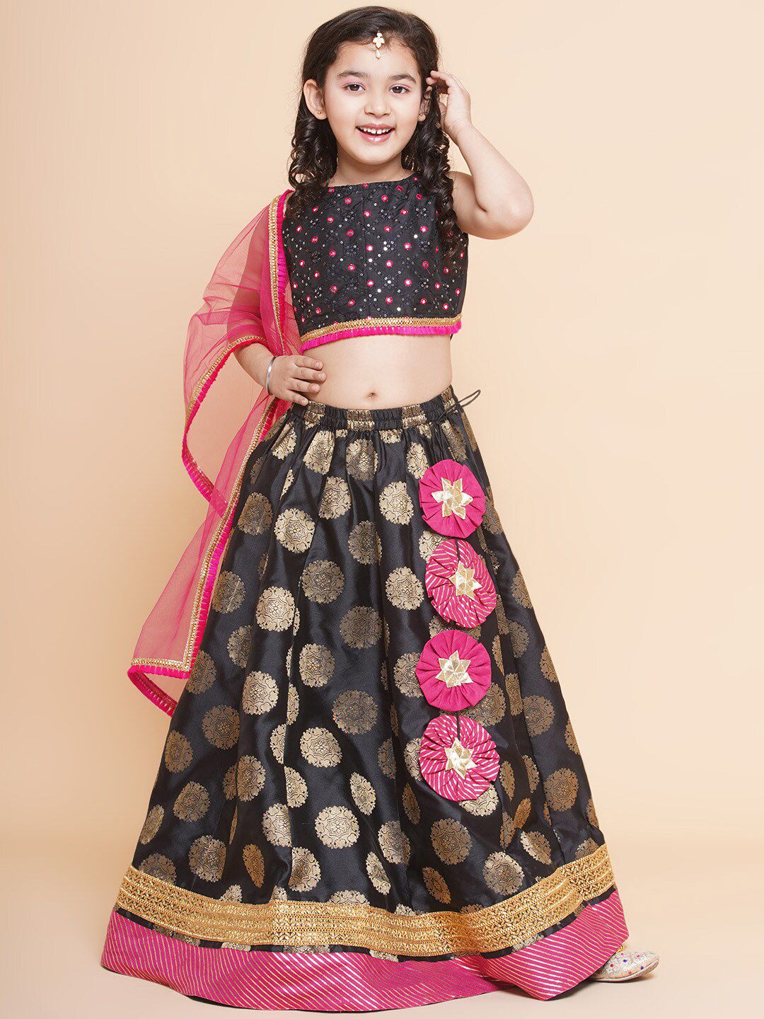 Bitiya by Bhama Girls Black & Gold-Toned Embroidered Ready to Wear Lehenga & Blouse With Dupatta Price in India
