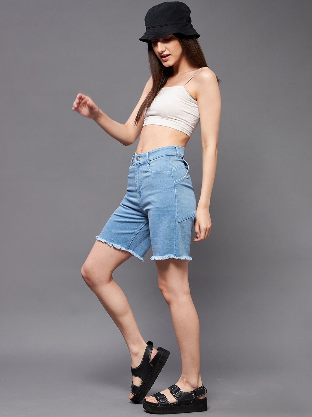 Miss Chase Women Blue Mid-Rise Frayed Denim Shorts Price in India