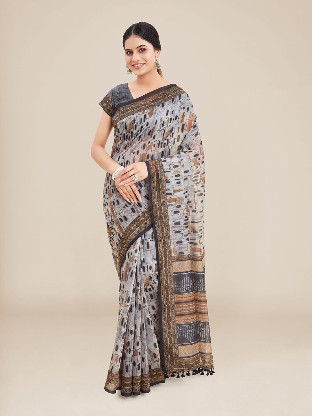 Kalyan Silks Grey & Brown Silk Blend Saree Price in India
