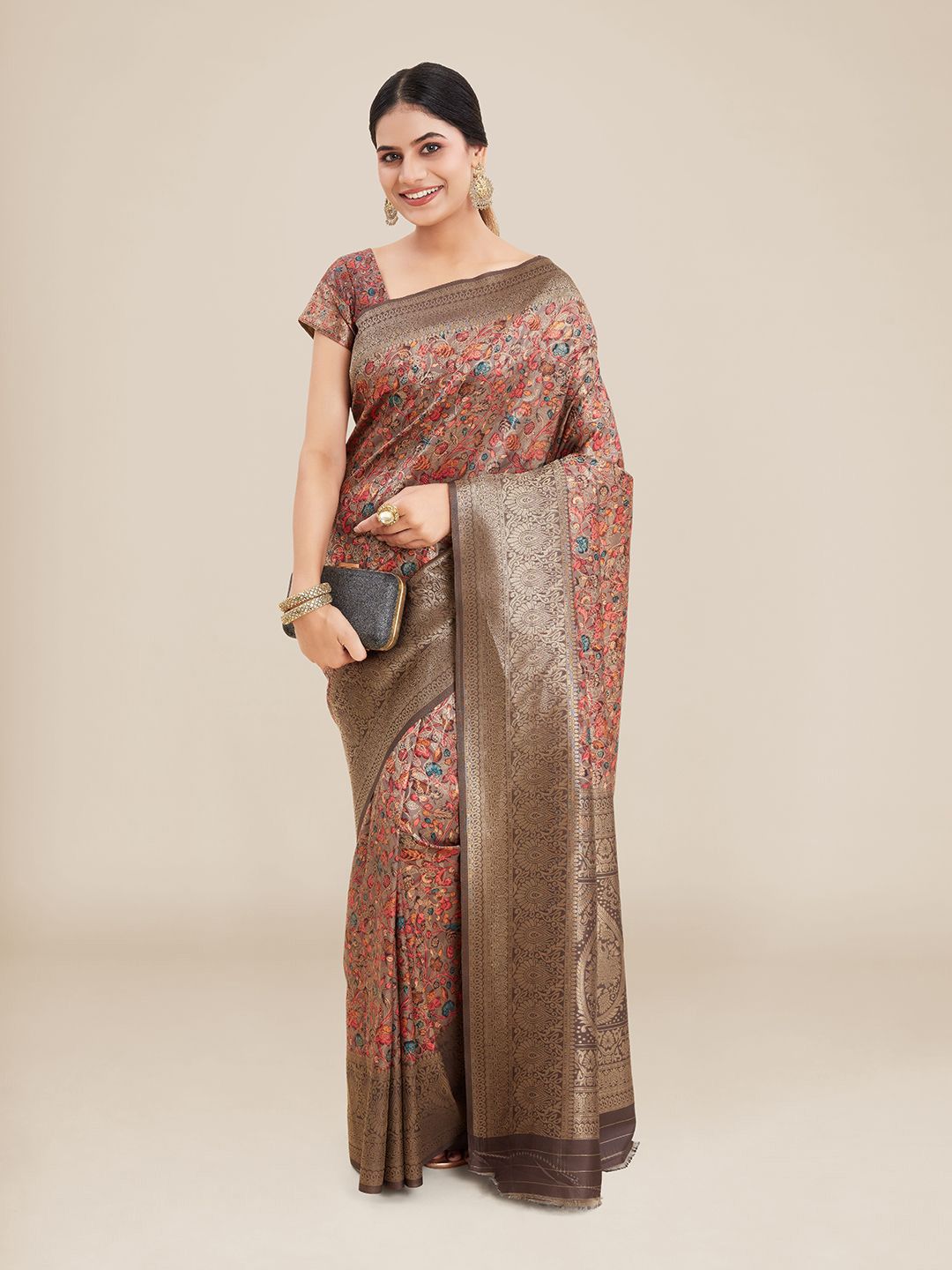 Kalyan Silks Brown & Blue Ethnic Motifs Zari Silk Blend Saree Price in India