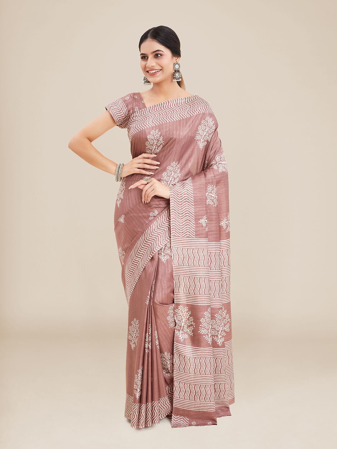 Kalyan Silks Pink Floral Silk Blend Tussar Saree Price in India