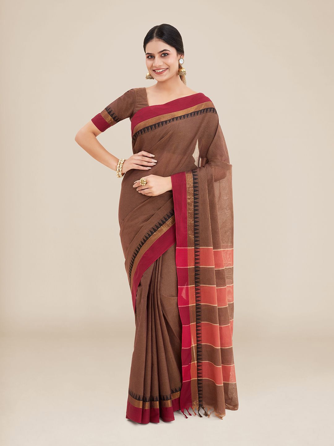Kalyan Silks Brown & Maroon Woven Design Pure Silk Saree Price in India