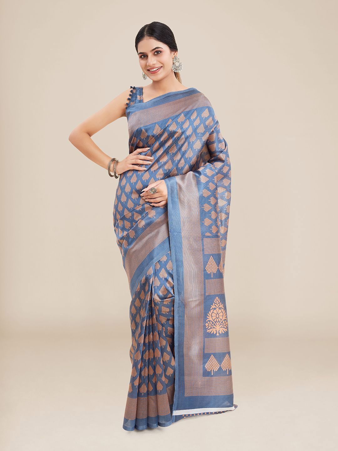 Kalyan Silks Blue & Cream-Coloured Ethnic Motifs Pure Silk Ikat Saree Price in India